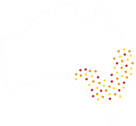 Map of Australia with marked site locations for renewable energy projects Map of Australia showing site locations with dots in red and yellow indicating active areas