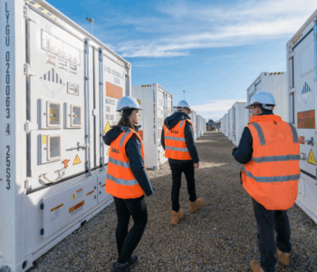 Engineers walking through a solar and BESS operations and maintenance facility Engineers inspecting containers on-site at a solar and energy storage facility under clear skies